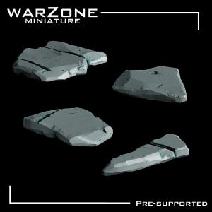 May include: Four gray miniature rock formations against a black background. The rocks have a rough, textured appearance with cracks and crevices. The text "WARZONE MINIATURE" is at the top, and "PRE-SUPPORTED" is at the bottom.