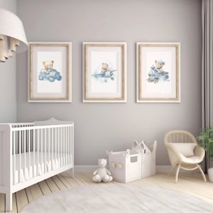 Set of 3 Teddy Bear Car Plane Train | Baby Boy | Baby Room Decor | Kid Room Decor | Home Decor | Nursery Wall Art | Baby Shower Gift