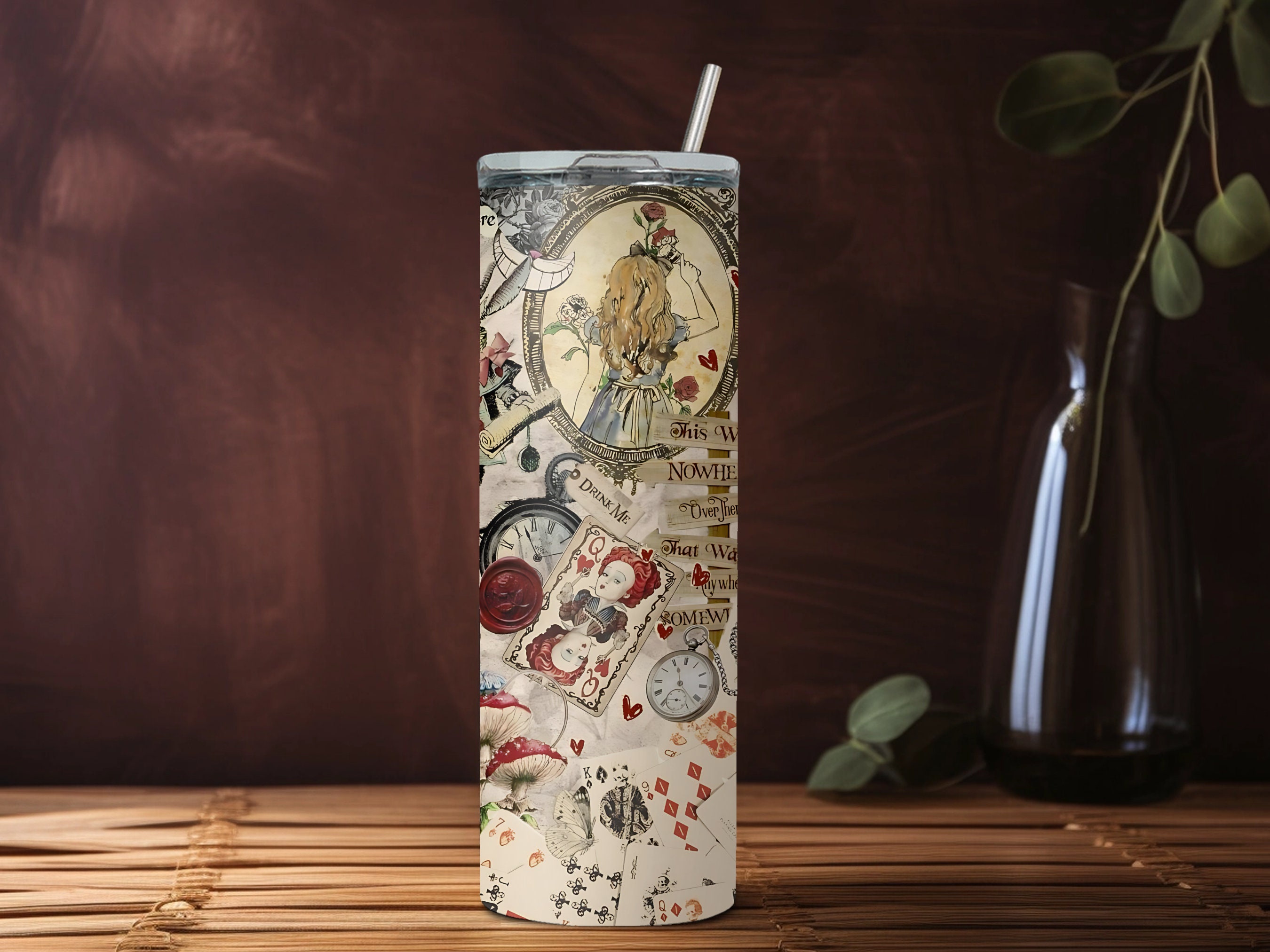 Alice in Wonderland Collage Tumbler unique gift Vintage Alice in Wonderland Skinny Tumbler with Straw classic Alice in Wonderland mug