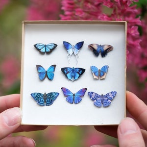 Tiny Blue Paper Butterflies, Double-Sided Realistic Print, Miniature Paper Cut Butterfly Craft Cutouts - "Galaxy" Micro 15 Piece Set