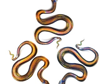 Realistic Foil Embellished Paper Snake, Double-sided, Gold Rainbow Snake Paper-cut Craft Cutouts - "Golden Sisters"- 3 Piece Set