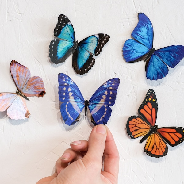 Realistische Papierschmetterlinge, doppelseitig, Schmetterlings-Bastelausschnitte – 5-teiliges Set mit künstlichen Schmetterlingen „Morphos und Monarch“.