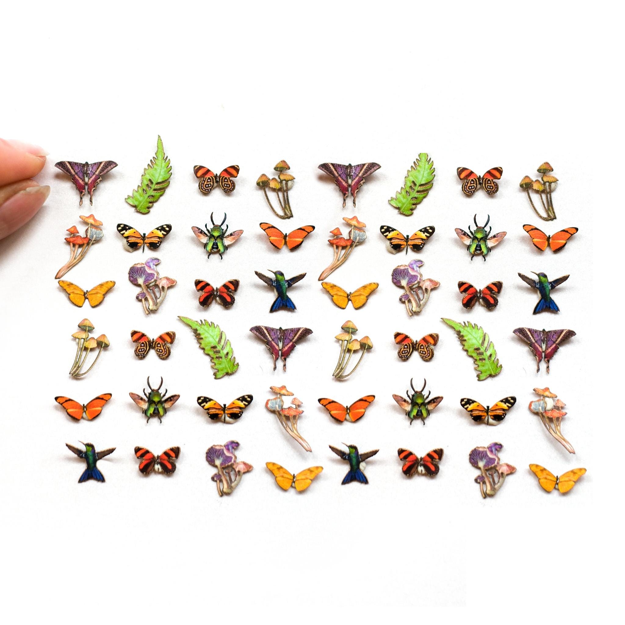 48x Teeny Tiny Paper Mushrooms, Ferns, Beetles, Hummingbirds, and Butterflies. Tiny Paper Craft Cutouts - 'Forage' Teeny Tinies Set 48 piece