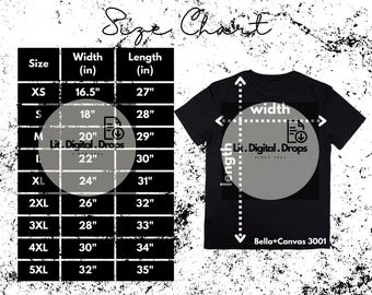 bella canvas 3001 shirt size chart, one jpg instant download 3750x3000 pixels