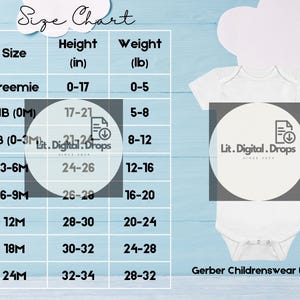 May include: Size chart for Gerber Childrenswear 6516A clothing. The chart shows sizes from Preemie to 24 months, with corresponding height and weight ranges in inches and pounds.