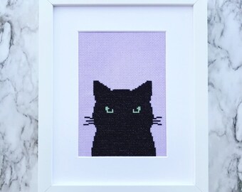 Black Cat - finished cross stitch - Halloween decor