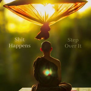 Puede incluir: Una persona con una túnica marrón se sienta en una postura meditativa en una plataforma de madera con un cojín rojo. La persona está de espaldas a la cámara. El fondo es una imagen borrosa de una puesta de sol amarilla con una mosquitera colgando sobre la persona. El texto "Shit Happens" está en el lado izquierdo de la imagen y el texto "Step Over It" está en el lado derecho de la imagen.