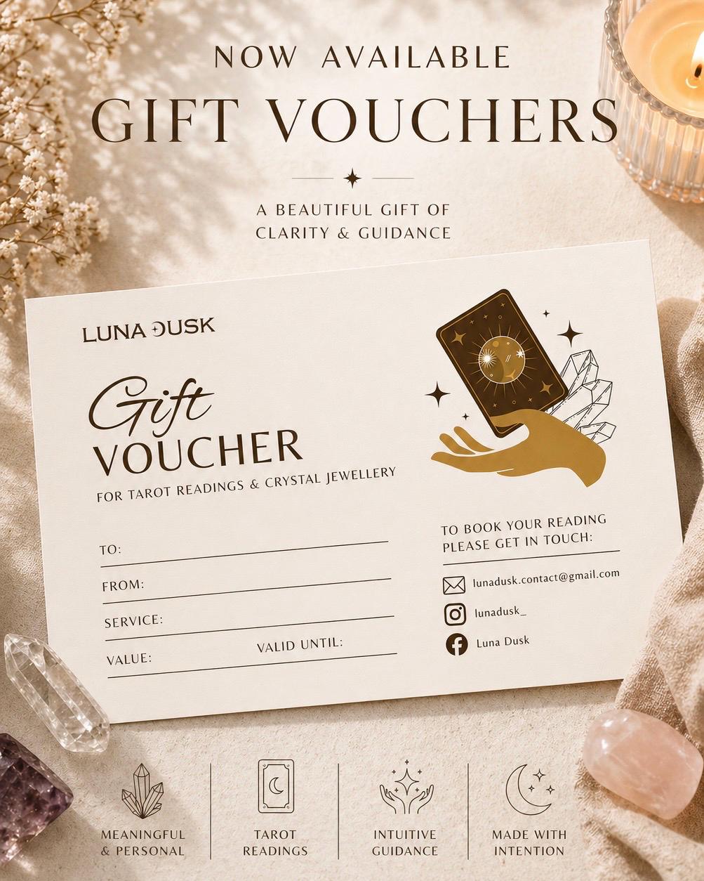 Gift voucher for tarot readings and crystal jewellery, digital gift card, spiritual gift