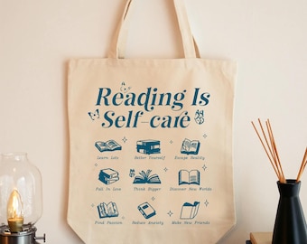 Reading Is Self Care Tote Bag, Bookish Tote, Mental Health Gift, Gift for book lover, BookTok Merch, Library Tote, Canvas Bag for Readers
