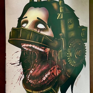 May include: A digital illustration of a person's head with a metal mask and a large, open mouth with teeth. The mask is green and brown and has a gear on the side. The person's eyes are white and their mouth is open wide, revealing a bloody, fleshy interior. The background is a light gray.