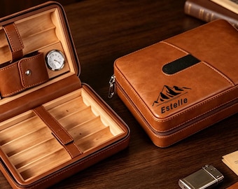 Personligt cigarrfodral i läder, resecigarrhumidor med hygrometer, tändare och klippfack, rymmer 6 cigarrer