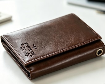 Personalized Leather Wallet with Anti-Theft Chain, Handmade Trifold Wallet for Men, Gift for Him, Dad, Husband