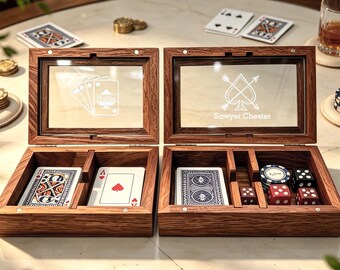 Personalized Wooden Playing Card Box with Glass Lid – Holds 2 Decks of Cards + Dice – Custom Engraved Card Case – Gift for Card Players