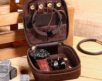 Personalized Watch Jewelry Box for Men , Genuine Cowhide Brown Watch Box , Leather Travel Watch Jewelry Case , Gift For Him Groomsman Father