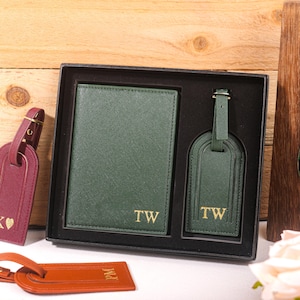 Etiqueta de equipaje con funda de pasaporte monogramada de cuero personalizada / Regalo de boda, cumpleaños, padrino, regalo de viaje de boda / Regalo personalizado para papá