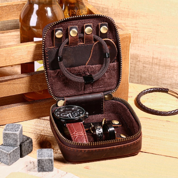 Personalized Watch Jewelry Box for Men , Genuine Cowhide Brown Watch Box , Leather Travel Watch Jewelry Case , Gift For Him Groomsman Father