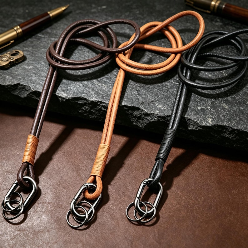 Puede incluir: Tres cordones de cuero en marr&oacute;n oscuro, tostado y negro. Cada cord&oacute;n presenta un acabado de cuero enrollado cerca de la base, un mosquet&oacute;n de metal oscuro y una anilla met&aacute;lica circular en el extremo para sujetar llaves u objetos.