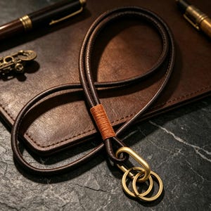 Puede incluir: Un cord&oacute;n de cuero marr&oacute;n oscuro con un dise&ntilde;o liso y redondeado, que presenta un detalle de hilo en color tostado claro. El cord&oacute;n est&aacute; unido a un mosquet&oacute;n ovalado de lat&oacute;n cepillado y a dos anillas circulares de lat&oacute;n a juego.