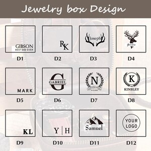 May include: A selection of jewelry box designs with various engraved options. Designs include initials, names, and graphics such as antlers, mountains, and a logo placeholder. The text "Jewelry box Design" is at the top.
