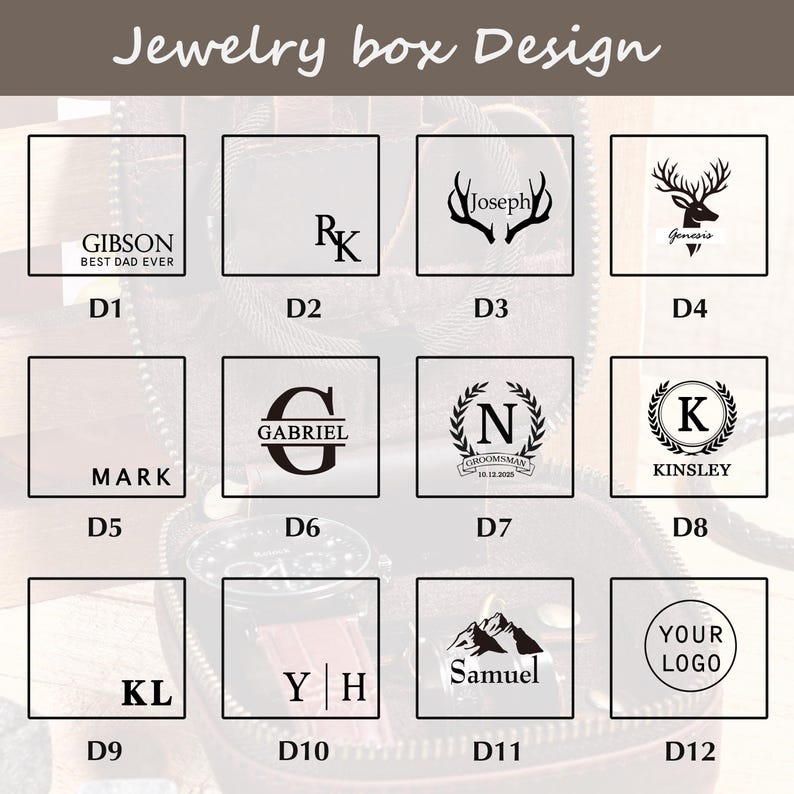 May include: A selection of jewelry box designs with various engraved options. Designs include initials, names, and graphics such as antlers, mountains, and a logo placeholder. The text "Jewelry box Design" is at the top.