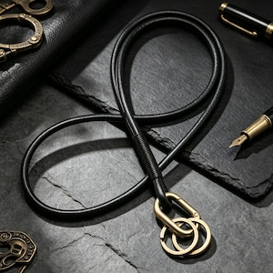 Puede incluir: Un cord&oacute;n de cuero negro con dise&ntilde;o redondeado y una secci&oacute;n envuelta cerca de la base. Incluye un mosquet&oacute;n de metal en tono lat&oacute;n unido a dos anillas circulares, lo que proporciona una forma segura de llevar llaves u objetos peque&ntilde;os.