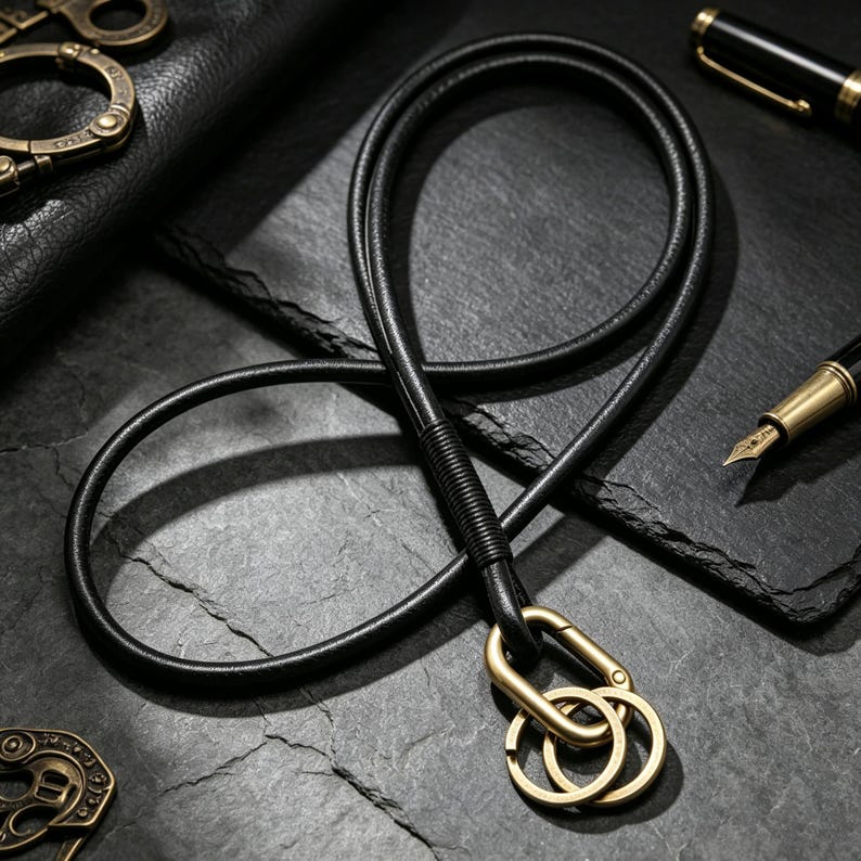 Puede incluir: Un cord&oacute;n de cuero negro con dise&ntilde;o redondeado y una secci&oacute;n envuelta cerca de la base. Incluye un mosquet&oacute;n de metal en tono lat&oacute;n unido a dos anillas circulares, lo que proporciona una forma segura de llevar llaves u objetos peque&ntilde;os.