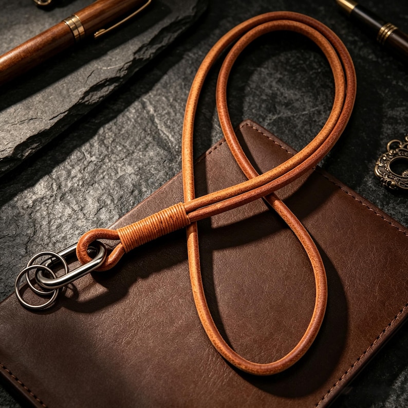 Puede incluir: Un cord&oacute;n de cuero color canela con dise&ntilde;o redondeado y un detalle de cuero enrollado cerca de la base. El cord&oacute;n est&aacute; unido a una argolla ovalada de metal plateado que sostiene dos anillos circulares m&aacute;s peque&ntilde;os, creando un accesorio funcional.