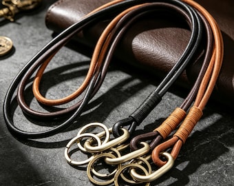 Badge Holder,Long Leather Lanyard,Round Leather Rope With Keyring,ID Keychain Necklace,For Him Or He