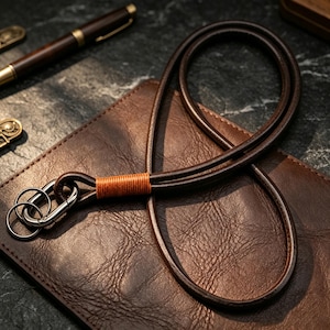 Porta credencial, cordón largo de cuero, cuerda redonda de cuero con llavero, collar llavero de identificación, para él o ella Gun Dk Coffee