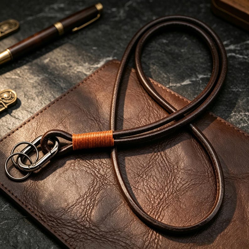 Porta credencial, cordón largo de cuero, cuerda redonda de cuero con llavero, collar llavero de identificación, para él o ella Gun Dk Coffee