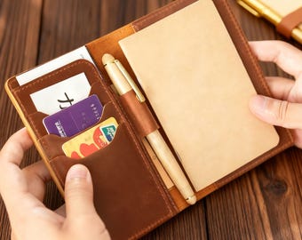 Custom A5 Leather notebook cover with pockets paper | Leather personalized Refillable journal cover | Engraved notebook cover sleeve planner