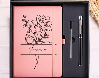 Custom Flower Leather Journal Set, Personalized A5 Leather Notebook , wedding Gift for bridesmaid groomsman, Anniversary Birthday gift