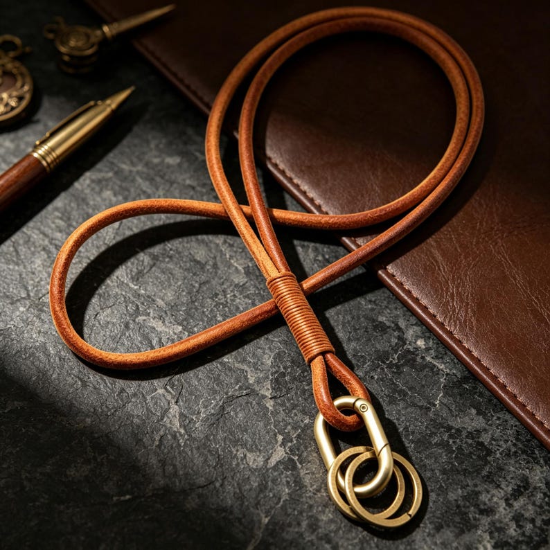 Puede incluir: Un cord&oacute;n de cuero color canela con dise&ntilde;o redondo y un detalle de cuero enrollado en la base. El cord&oacute;n est&aacute; unido a un mosquet&oacute;n de metal dorado que sujeta dos anillas circulares de metal, creando un accesorio funcional y pr&aacute;ctico.