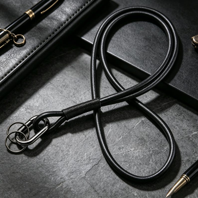 Puede incluir: Un cord&oacute;n de cuero negro con un dise&ntilde;o de cuerda redondeada y lisa, que presenta una secci&oacute;n envuelta cerca de la base. Incluye un mosquet&oacute;n de metal oscuro unido a un conjunto de tres anillas circulares de metal para llevar las llaves.