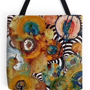 May include: Abstract art print featuring a colorful pattern of overlapping circles and swirls in shades of brown, yellow, blue, green, and white. The background is a black and white striped pattern.
