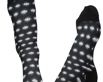 Eye Lashes Pattern Socks | Long Crew Socks, Black and White Eyes Design