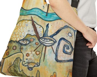 Adjustable Tote Bag with Pockets Original Whimsical Horse Art on Reusable Totes for School, Gym, Beach, Grocery, Diaper, Bag Horse Gift Idea