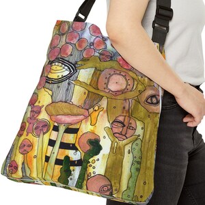 Adjustable Tote Bag Original Painting "Bugged Out" Artwork | Reusable Totes for School, Gym, Beach, Grocery, Diaper Bag