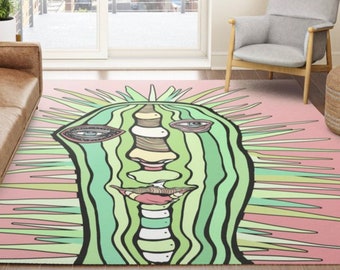 CACTUS Plant Accent Area Throw Rug Designer Artist Rugs Unusual Pink Green Rug for Bedroom, Welcome Rug ,Living Room, Dorm, Kids Room Ideas