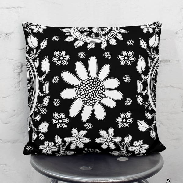 Black and White Floral Art Shabby Chic Throw Pillow Cover Bird Art Pillow Unique Decorative Black Pillow Art Artist Throw Pillows Folk Art