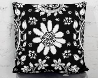 Black and White Floral Art Shabby Chic Throw Pillow Cover Bird Art Pillow Unique Decorative Black Pillow Art Artist Throw Pillows Folk Art