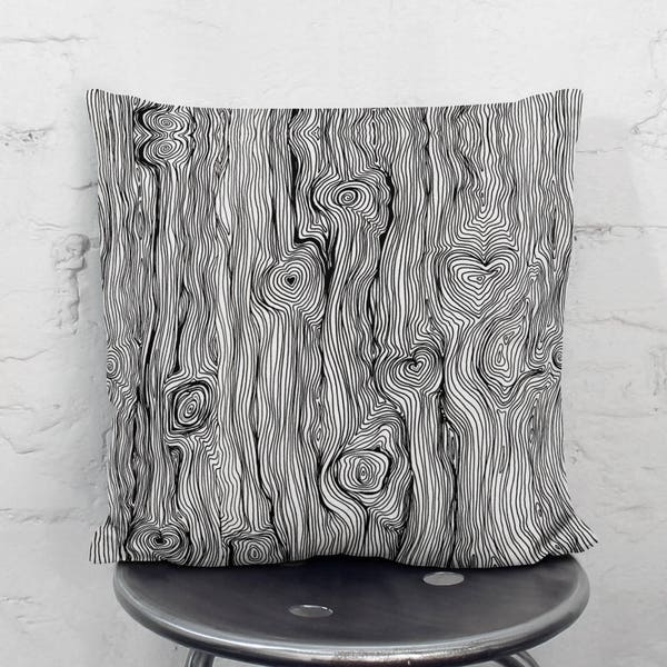 Black and White Wood Grain Art Illustration Throw Pillow Cover Unique Art Pillow Decorative Black Pillow Art Artist Throw Pillows Funky Art