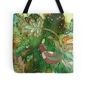 Artist Tote Bag boho Beach bag Original bird painting Green Art mixed media Bird bag Boho tote bag Baby bag Gym Bag Computer Bag Art tote