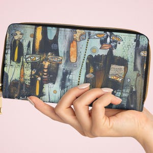 Cartera original con cremallera de piel sintética sin crueldad animal, con ilustraciones abstractas, estilo gótico, oscuras, diseños artísticos, accesorios divertidos para mujer.