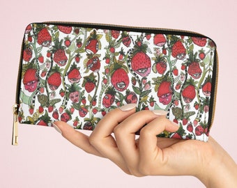 Strawberry Shortcake Art on Zipper Wallet Fun Abstract Fruit Artwork Whimsical Strawberries Faces Unique Unusual Women's Girls Accessories