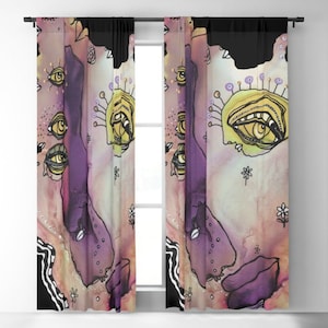 Blackout or Sheer Window Curtain Fun Face Eyes Artist Painted Abstract Curtains for Eccentric Home Decor Teen Bedroom Design Gift Ideas