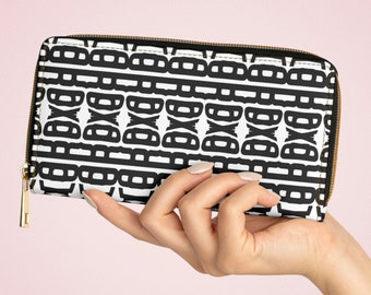 Tribal Zipper Wallet Abstract Artwork Unique Unusual Black and White Women's Girls Accessories Bag Fun Modern Women's Gift Ideas