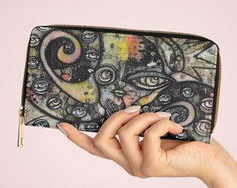Octopus Zipper Wallet Intuitive Mixed Media Abstract Sea Creature Eyes Artwork Outsider Art Funny Cute Unusual Women's Girls Accessories Bag