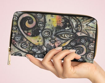Cartera con cremallera de pulpo, medios mixtos intuitivos, ojos de criatura marina abstracta, obras de arte, arte outsider, divertido, lindo, inusual, bolsa de accesorios para mujeres y niñas