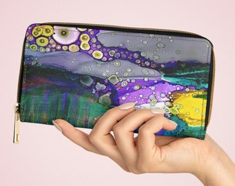 Original Art on Zipper Wallet Cruelty Free Faux Leather Colorful Organic Abstract Artwork Whimsical Artist Made Designs Womens Accessories